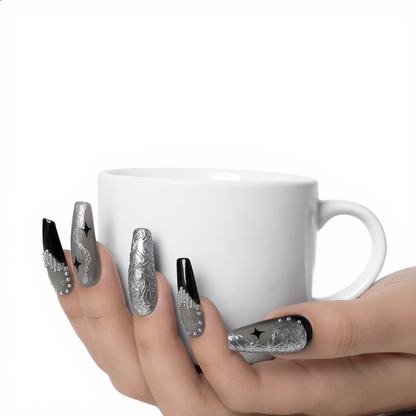 Black and silver coffin press on nails with chrome rhinestone design