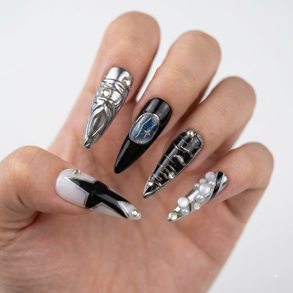 Black silver chrome press on nails with blue gemstone and 3D gothic details