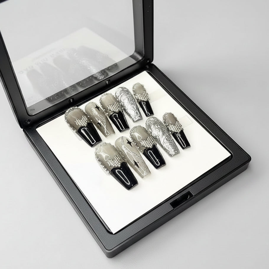 Black silver luxury press on nail set with long coffin nails