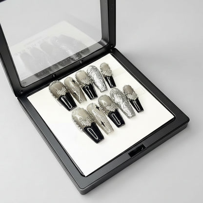 Black silver luxury press on nail set with long coffin nails