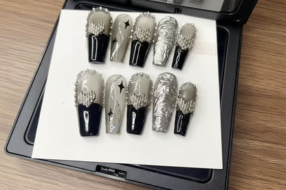 Black silver luxury press on nail set with long coffin nails
