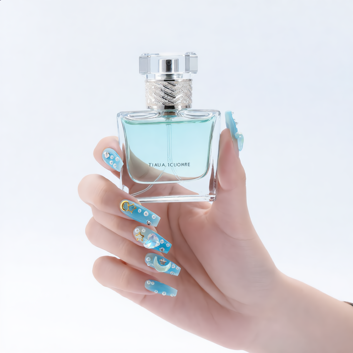 Blue 3D press on nails with rhinestones, pearls and celestial charms