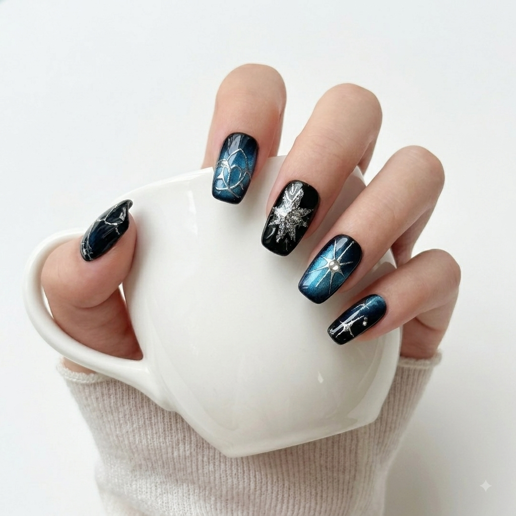 Blue Black Cosmic Press On Nails with Celestial Design