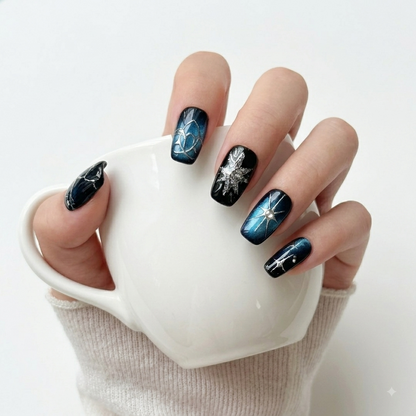 Blue Black Cosmic Press On Nails with Celestial Design