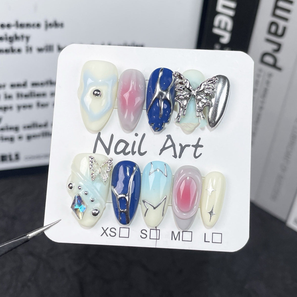 Blue Butterfly Fake Nails with Pink Ombre and Silver Charms