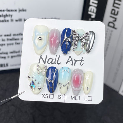 Blue Butterfly Fake Nails with Pink Ombre and Silver Charms