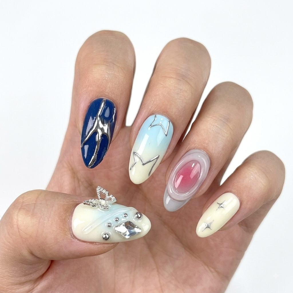 Blue Butterfly Press On Nails with 3D Charms and Rhinestones