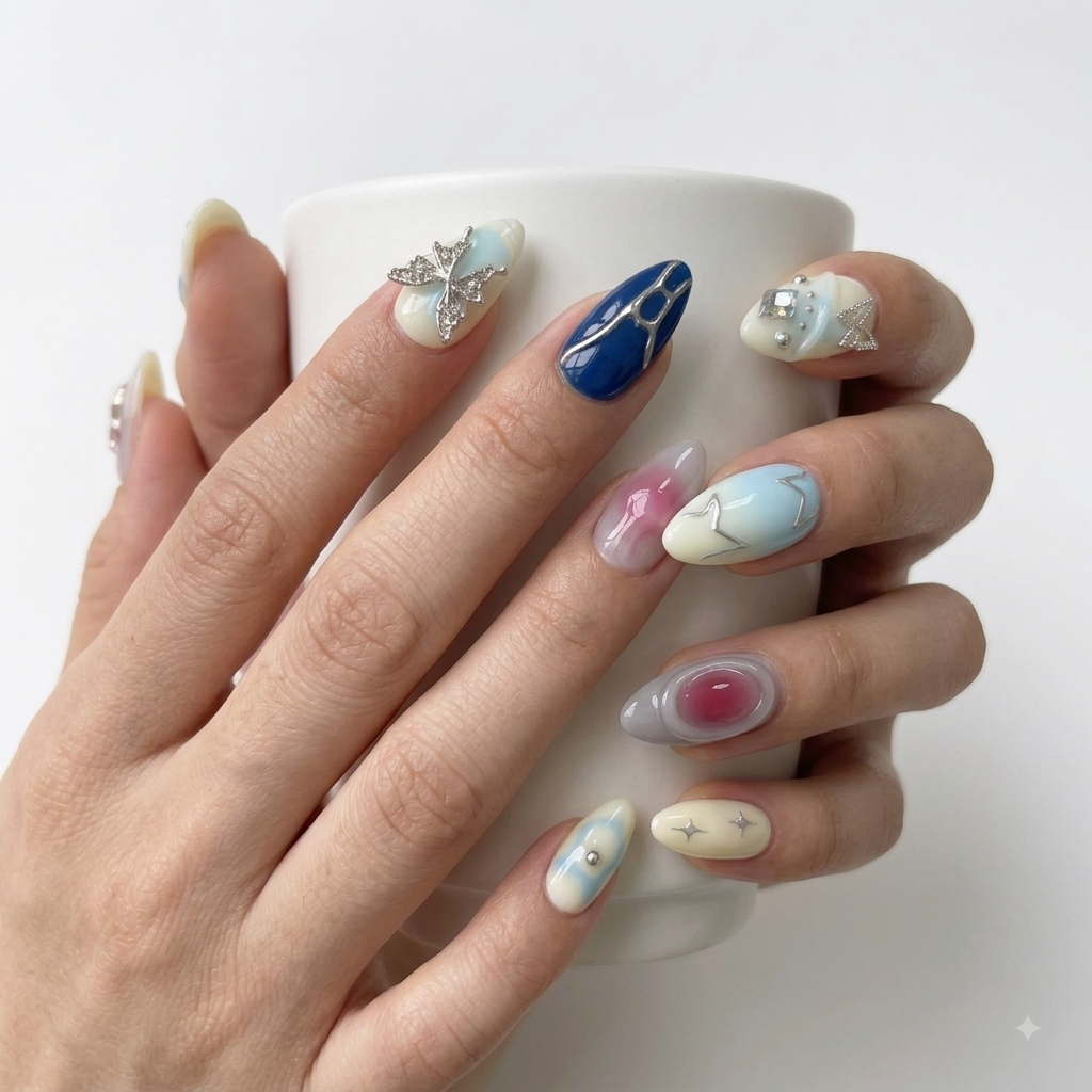 Blue Butterfly Press On Nails with Silver 3D Charms