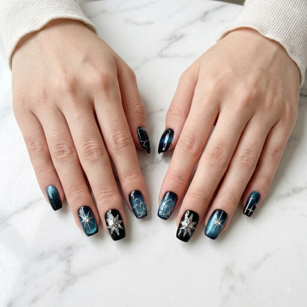 Blue Celestial Press On Nails with Moon and Star Design