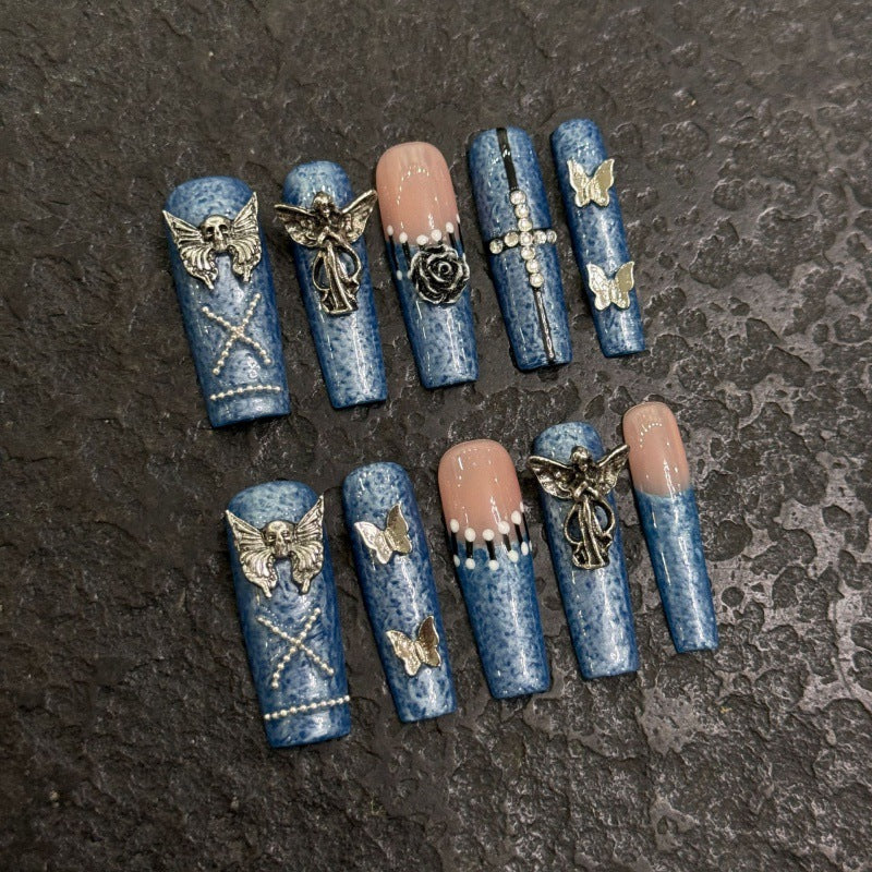 Blue Denim Press On Nail Set with Silver Charms and Rhinestones