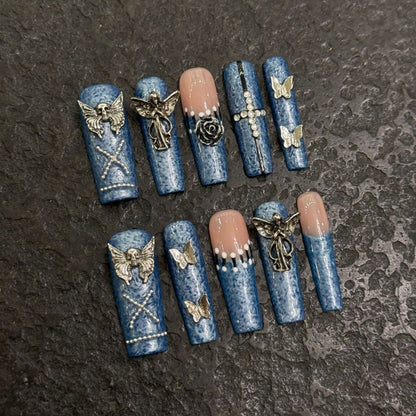 Blue Denim Press On Nail Set with Silver Charms and Rhinestones