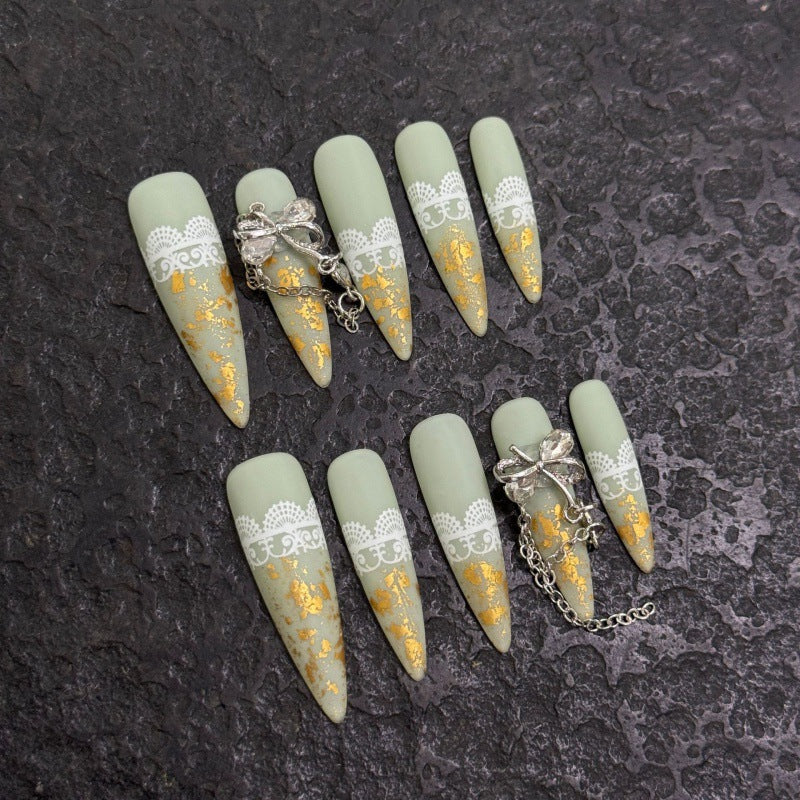Blue Denim Press On Nail Set with Silver Charms and Rhinestones