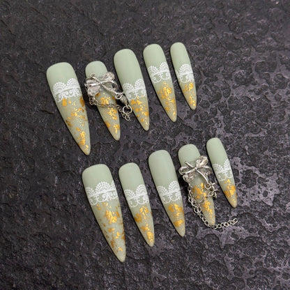 Blue Denim Press On Nail Set with Silver Charms and Rhinestones