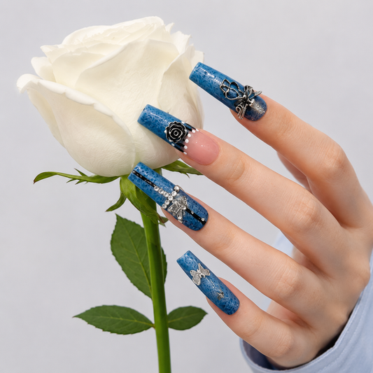 Blue Denim Press On Nails with Silver Charms and White Rose