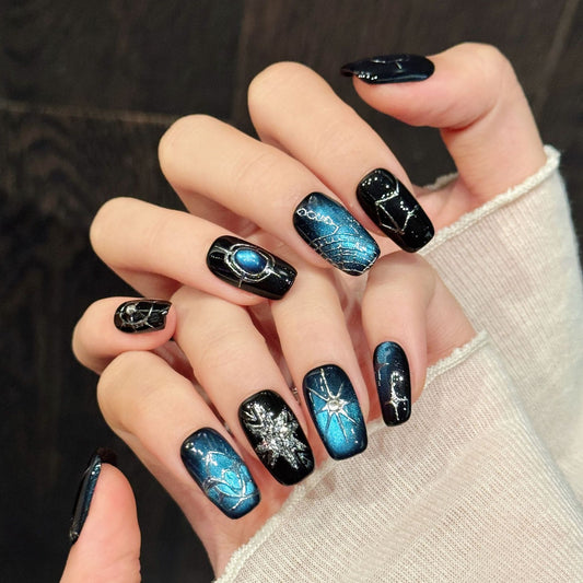 Blue Galaxy Press On Nails with Celestial Star Design