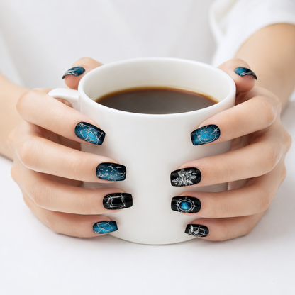 Blue Galaxy Press On Nails with Cosmic Nail Art