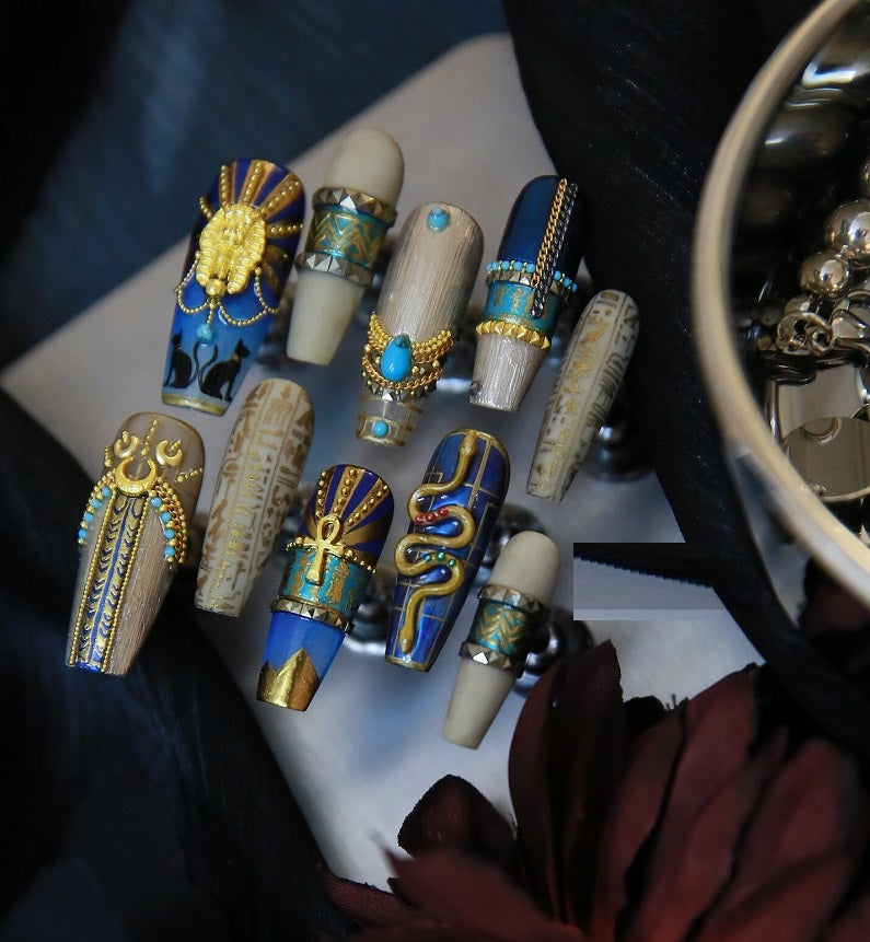 Blue Gold Egyptian Press On Nail Set with Ornate 3D Details