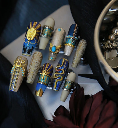 Blue Gold Egyptian Press On Nail Set with Ornate 3D Details