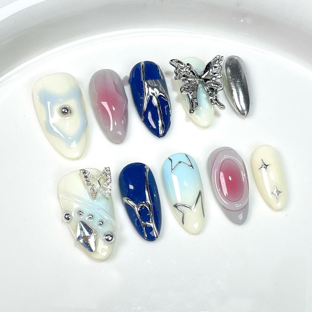 Blue Pink Butterfly Press On Nail Set with 3D Nail Art