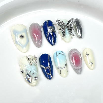 Blue Pink Butterfly Press On Nail Set with 3D Nail Art