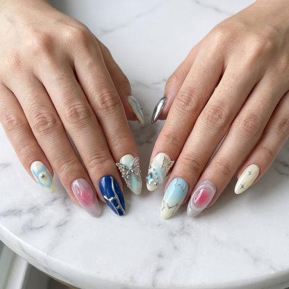 Blue Pink Press On Nails with Butterfly Rhinestone Design