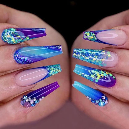 Blue and purple ombre press on nails with holographic glitter and rhinestones