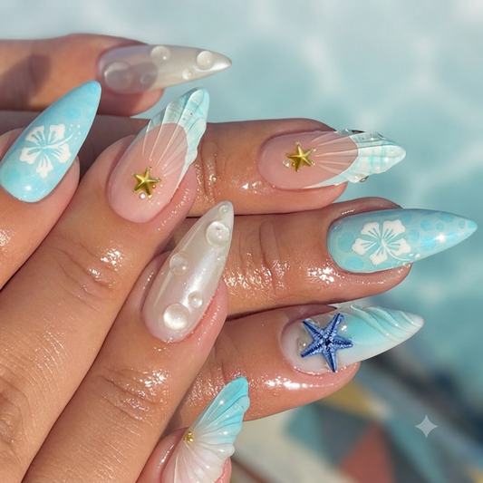 Blue ocean press on nails with 3D starfish and pearl details
