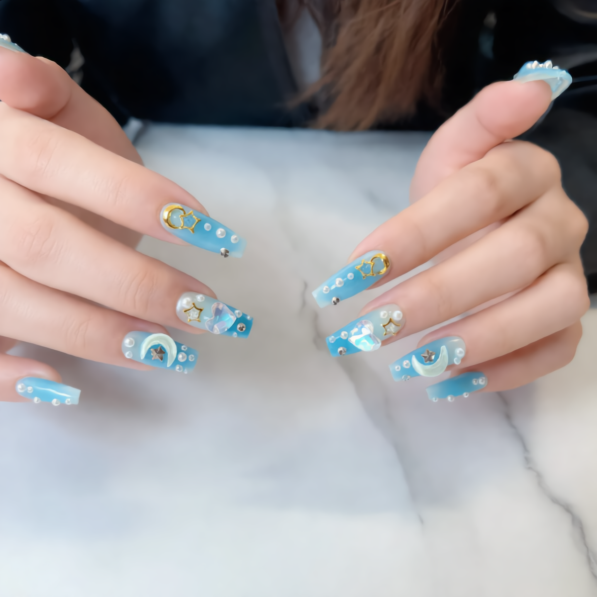Blue ombre press on nails with moon, star, heart and pearl nail art