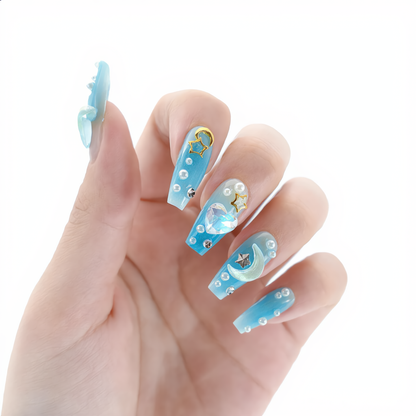 Blue ombre press on nails with moon, star, heart, pearl and rhinestone 3D charms