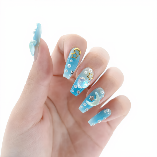 Blue ombre press on nails with moon, star, heart, pearl and rhinestone 3D charms