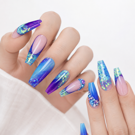 Blue purple glitter press on nails with rhinestones and long coffin shape