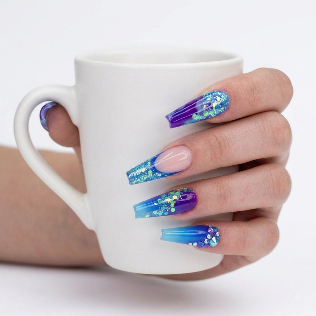 Blue purple press on nails worn on hand holding a white coffee cup