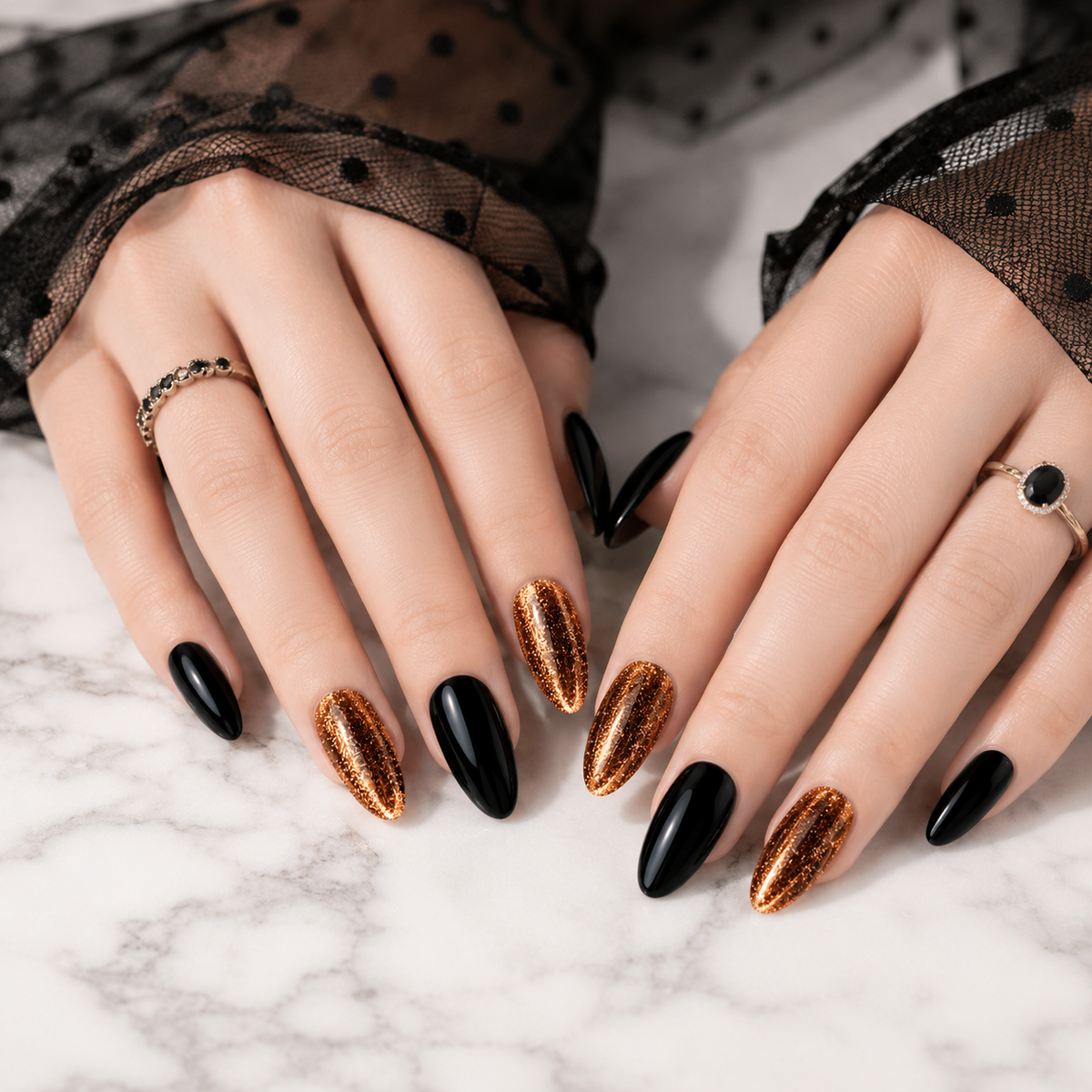 Both hands wearing luxury black and gold chrome press on nails on white marble, handcrafted glossy almond fake nails with reusable premium design.