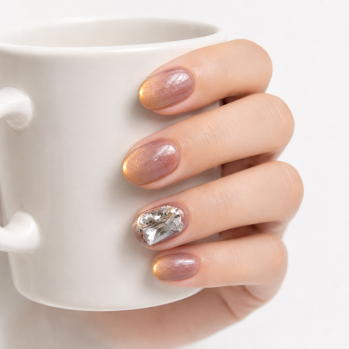 Brown cat eye press on nails styled with white coffee cup