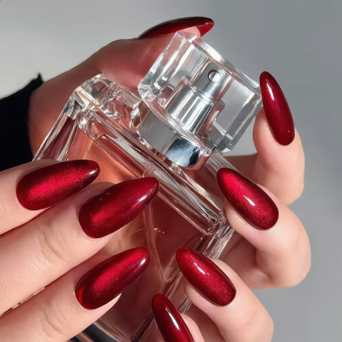 Burgundy Cat Eye Press On Nails Holding Perfume Bottle