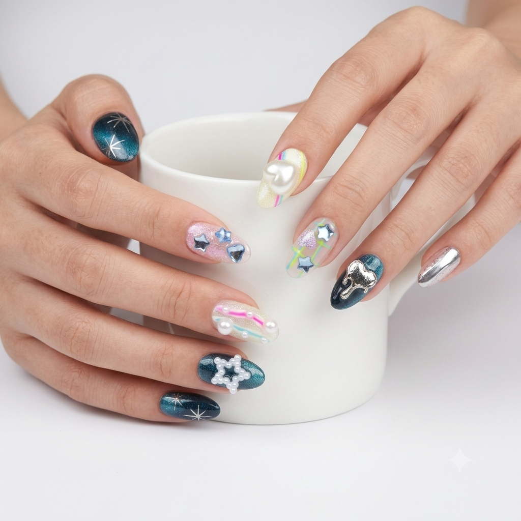Celestial Press On Nails – Blue Silver 3D Galaxy Nail Design