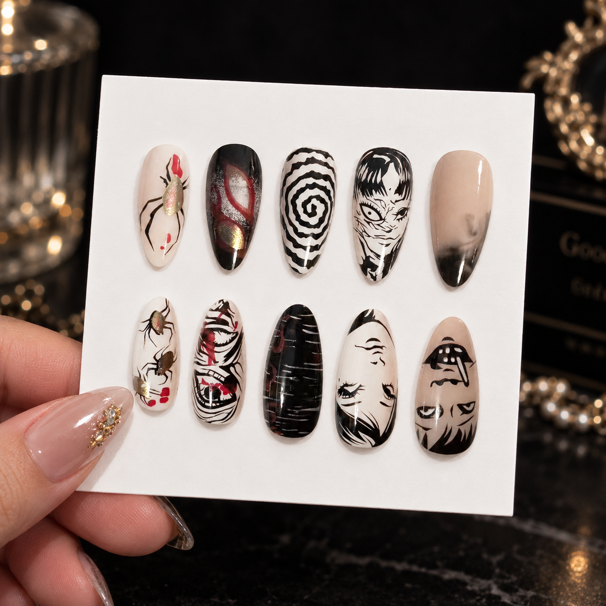 Medium Almond Black & White Gothic Press On Nails