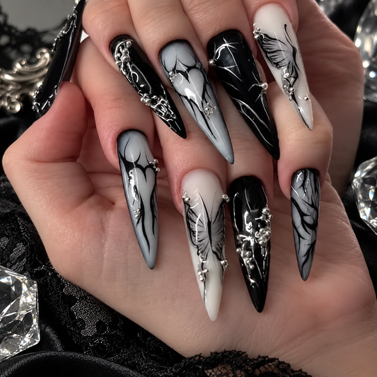 Metallic Illusion Black & Silver Almond Nails