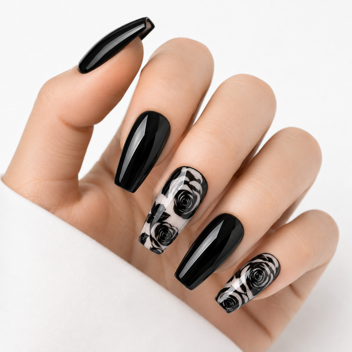 Black Rose Gothic Press On Nails | Long Coffin Floral Nail Set