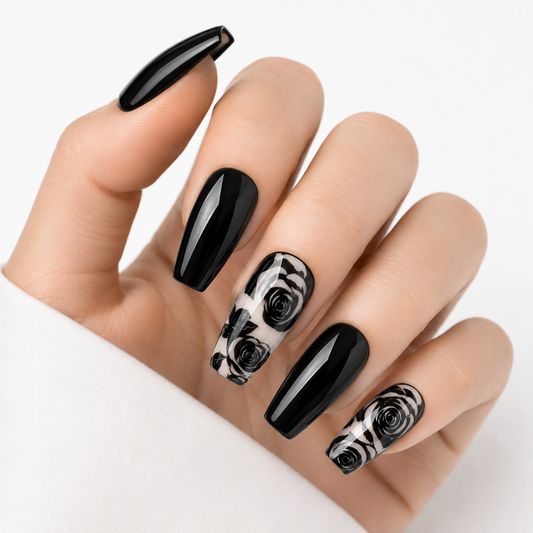 Black Rose Gothic Press On Nails | Long Coffin Floral Nail Set