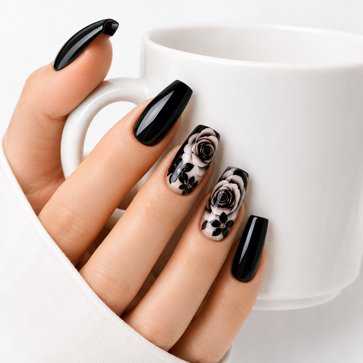 Black Rose Gothic Press On Nails | Long Coffin Floral Nail Set
