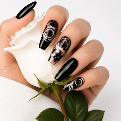Black Rose Gothic Press On Nails | Long Coffin Floral Nail Set