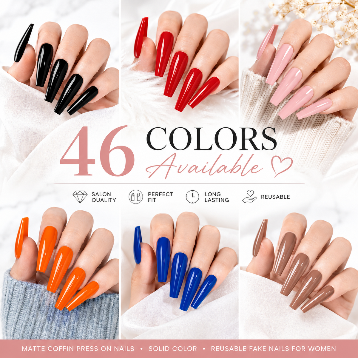 Matte Coffin Press On Nails – Solid Color Reusable Fake Nails for Women