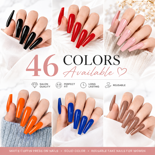 Matte Coffin Press On Nails – Solid Color Reusable Fake Nails for Women