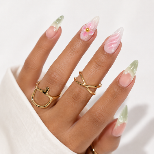 Pastel Floral Sage Green Almond Press On Nails