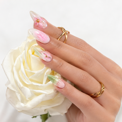 Pastel Floral Sage Green Almond Press On Nails