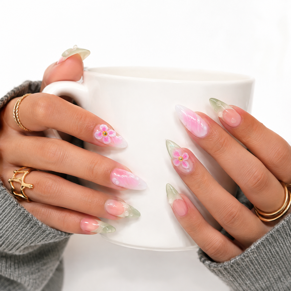 Pastel Floral Sage Green Almond Press On Nails