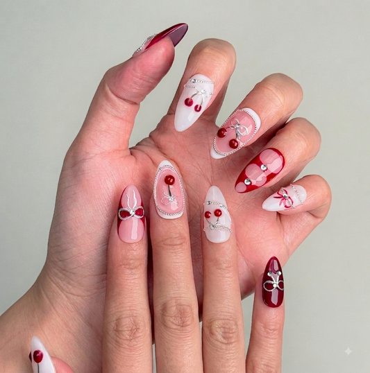 Cherry Bow Press On Nails – Red Pink 3D Nail Set