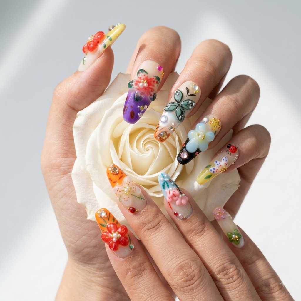 Colorful floral press on nails worn on hands holding delicate flowers
