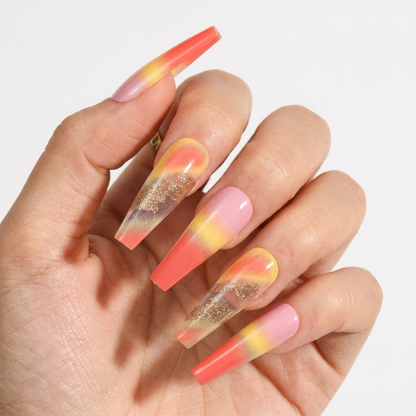 Coral Pink Sunset Press On Nails with Gold Glitter